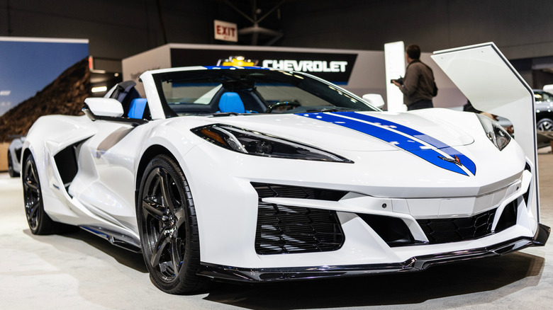 Chevrolet C8 Corvette on display at automotive show, front-right 3/4 view