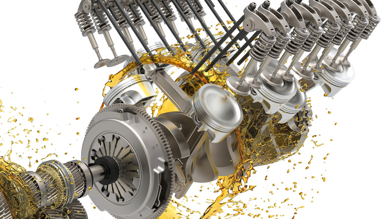 An exploded 3D illustration of a V8 engine surrounded by pistons, valve train, and oil.
