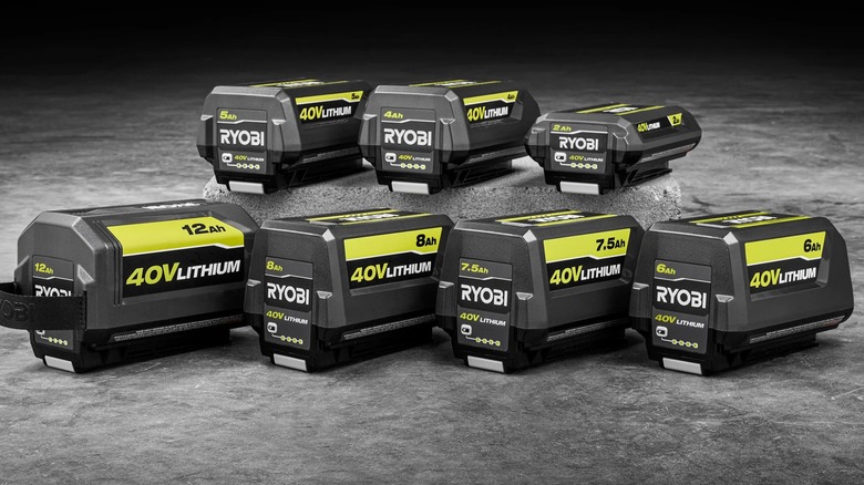 Several Ryobi 40V batteries on display.