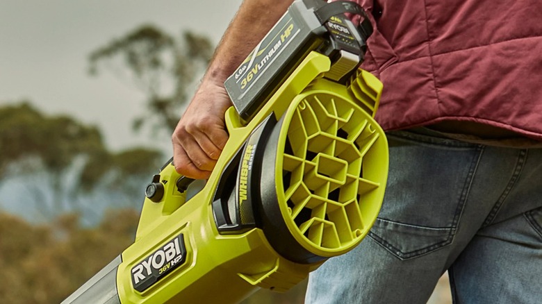 A person using a 36V Ryobi blower.