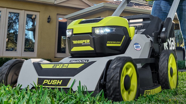 Close-up of Ryobi push mower