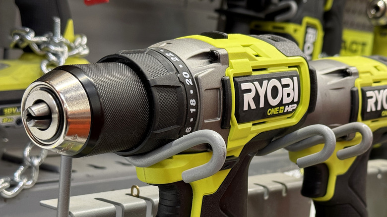 Ryobi drills on display in hardware store