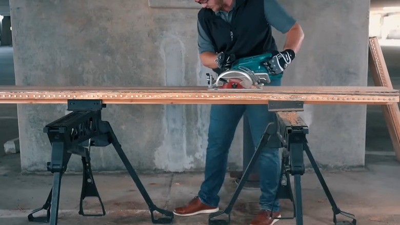 A circular saw with a thin kerf blade performing a long rip cut