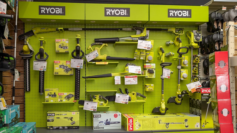 Ryobi power tools on display at a hardware store