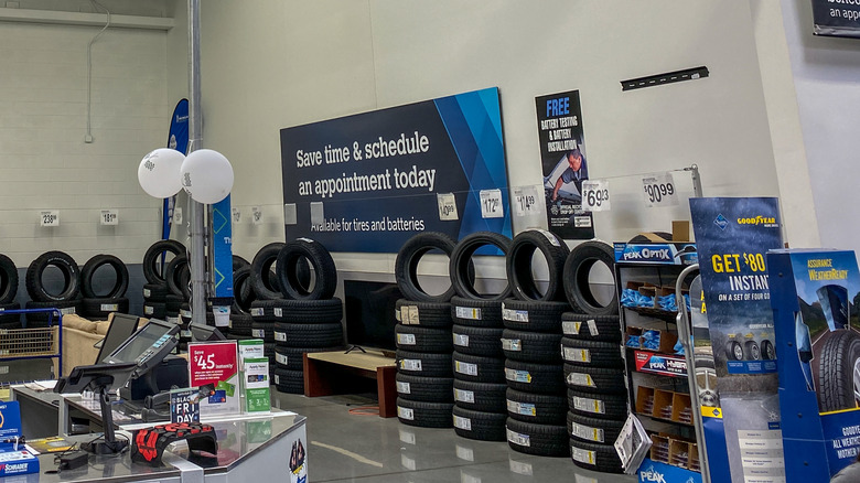 The Tire and Battery aisle of a Sam's Club Wholesale retail store