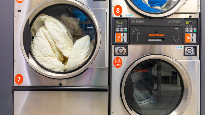 A laundry room in Prague with several front-loading Speed Queen washing machines and dryers