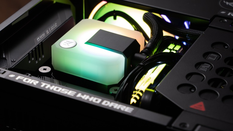 RGB-lit multicolored water cooling block in a PC case