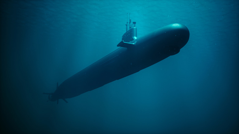 Render of a submarine in dark waters under the ocean surface.