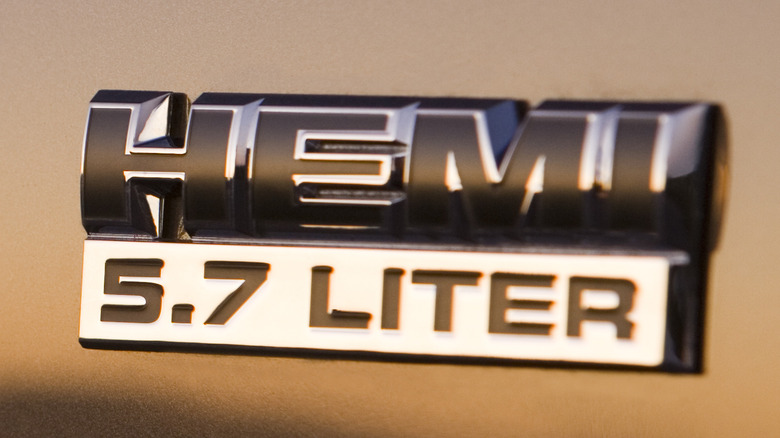 Close-up of Hemi 5.7L badging