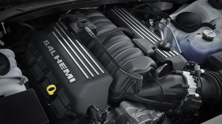 6.4L Hemi in Chrysler 300C engine bay, front-right view