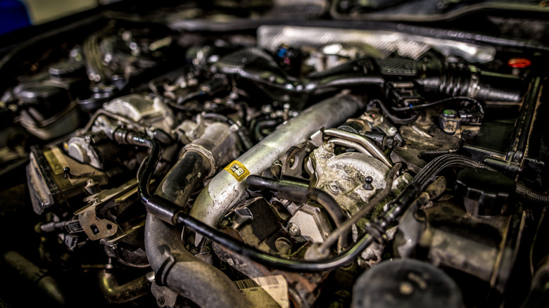 A diesel engine at a repair shop