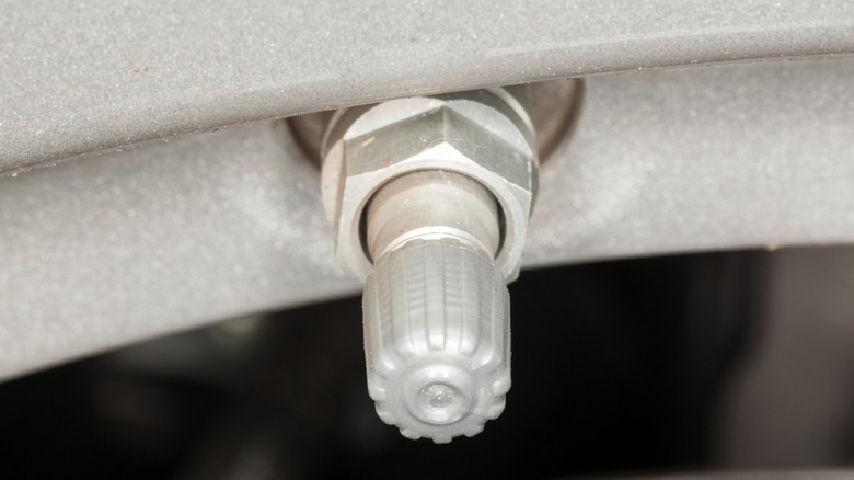 A closeup image of a car wheel showing a gray valve stem cap