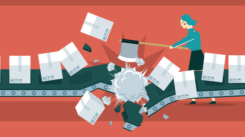 A woman breaks through a supply chain's conveyor belt with a hatchet