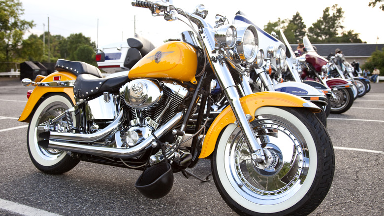 Yellow Harley-Davidson, first in a lineup of cruisers