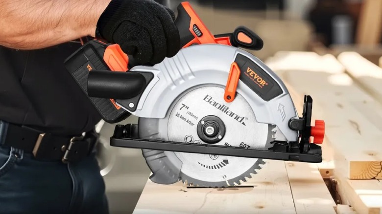 A person using a Vevor circular saw on wood.