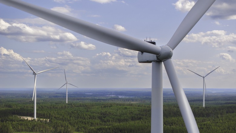 Close-up of a wind turbine in a wind farm