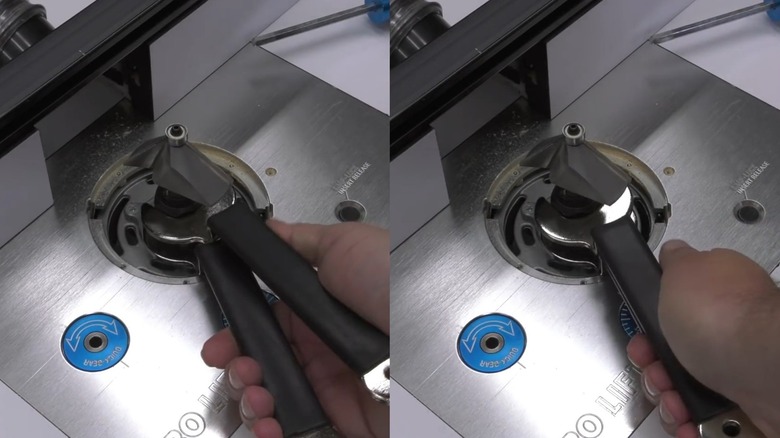 Split Image: Showing Router Bit Being Tightened With Wrenches Apart Then Wrenches Together following Tightening