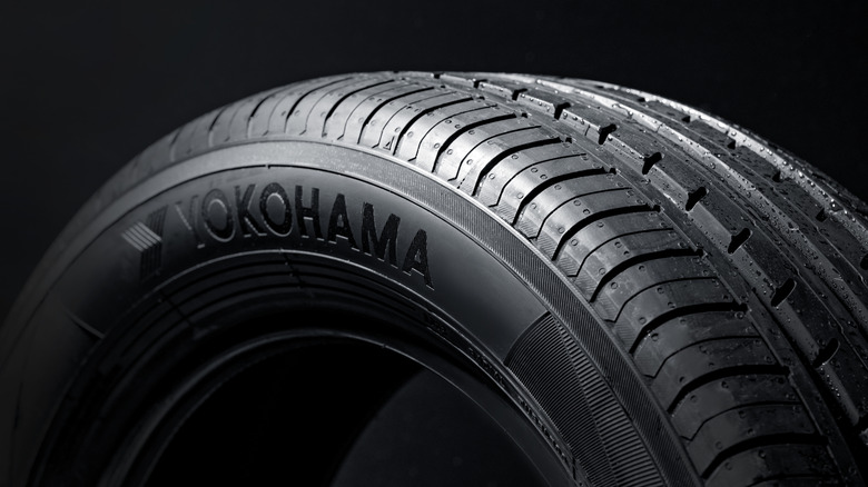 close-up of Yokohama brand name on tire