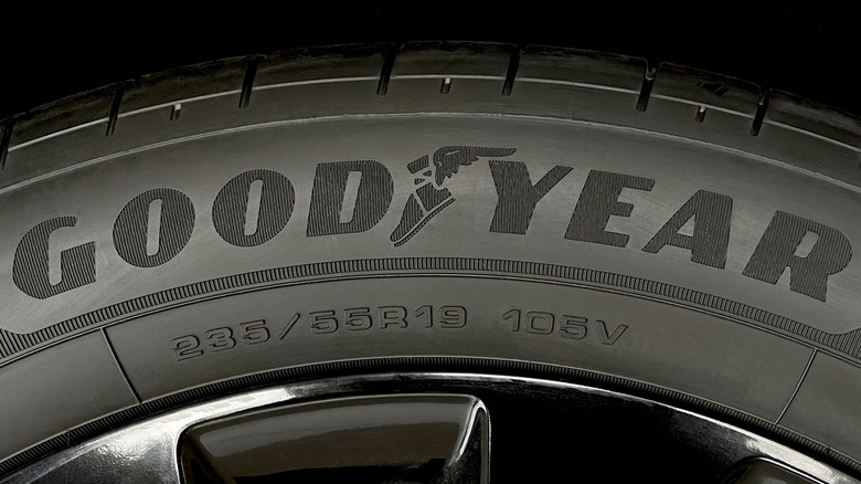 close-up of Goodyear brand name on tire