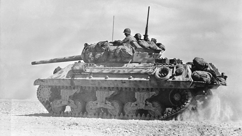 M10 tank destroyer driving through a desert