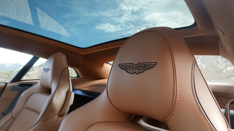 2025 Aston Martin Vanquish headrest embroidery and sunroof detail