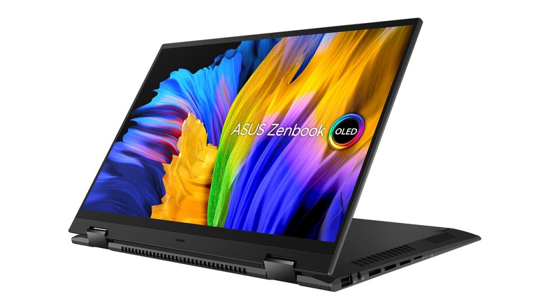The ASUS Zenbook 14 Flip OLED seem with its display flipped.