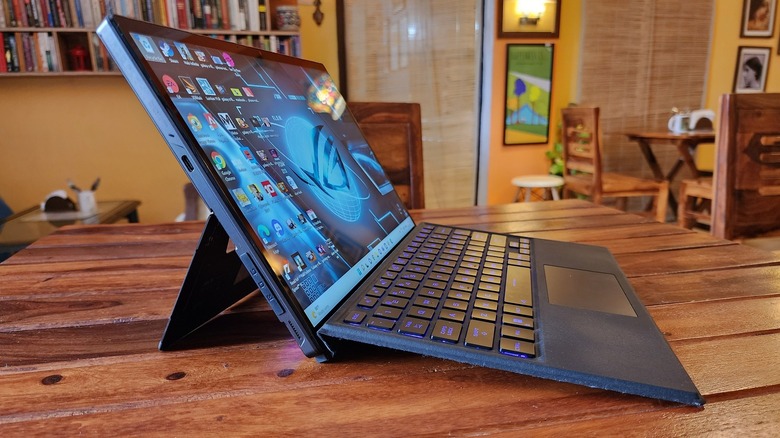 Asus ROG Flow Z13 in laptop mode with angled keyboard.