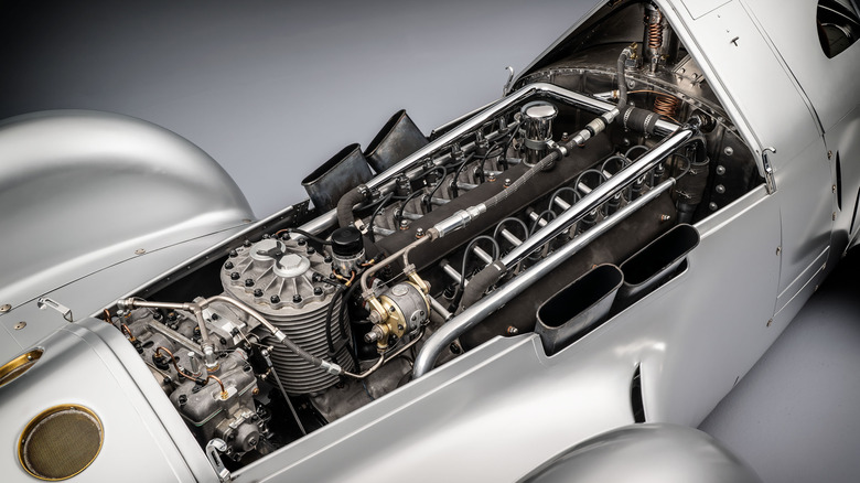 Close shot of Audi Lucca V16 engine in studio setting