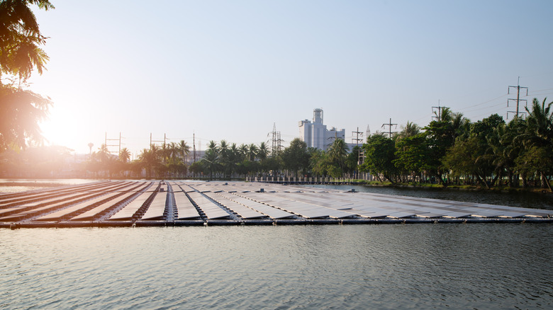 Floating solar panels hover above large body of water