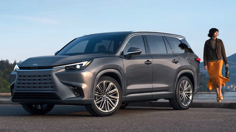 Woman in orange skirt and grey jacket walking behind grey Lexus TX parked next to lake