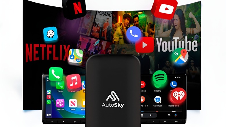 AutoSky AI box with multiple app logos like Waze, YouTube and Spotify behind it