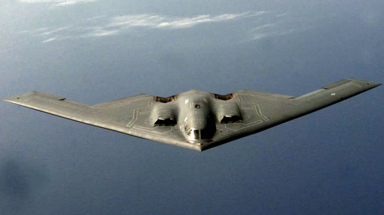 Head on view of B-2 Spirit bomber in flight