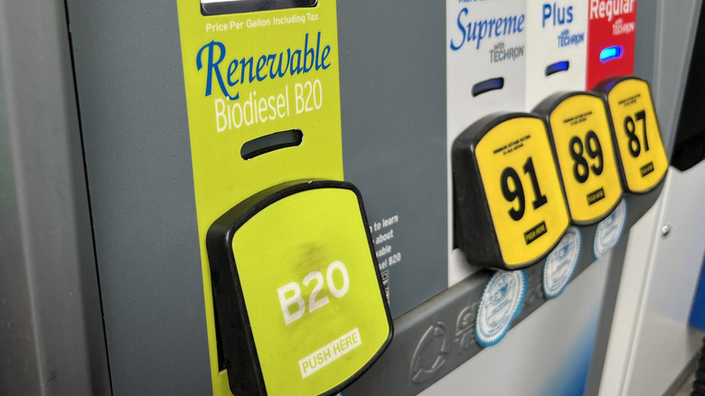 Close-up of B20 biodiesel at fuel pump