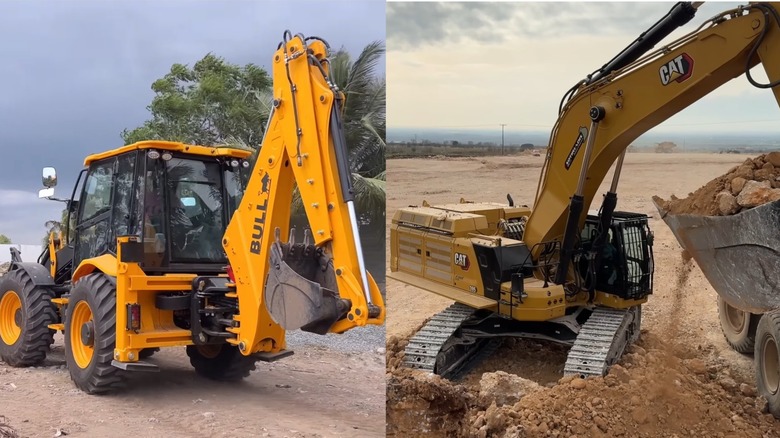 A backhoe loader and an excavator side-by-side