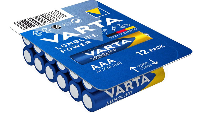 A stock image of a 12-pack of Varta AA batteries