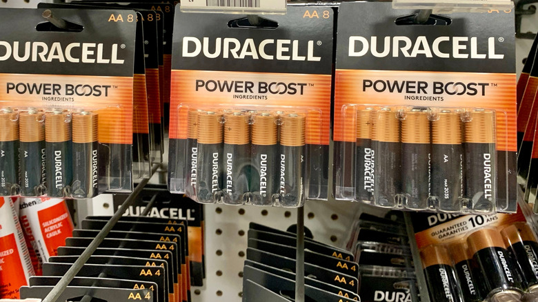 Duracell AA batteries on a shelf