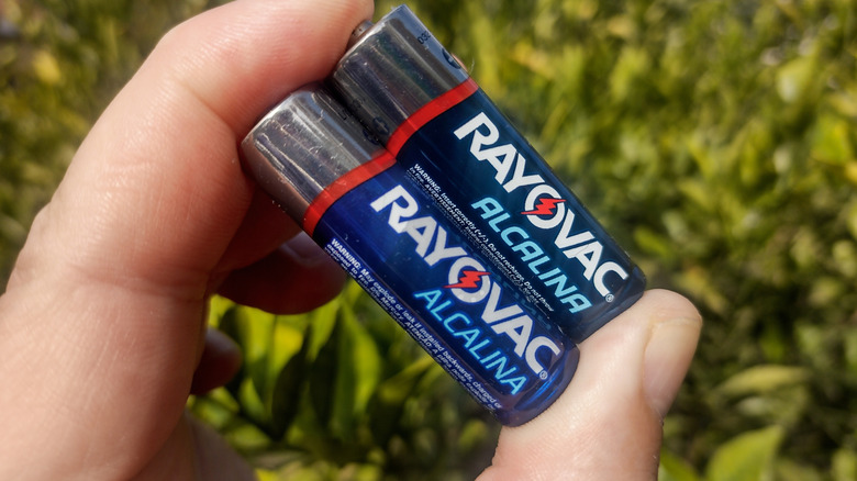 hand holding Rayovac batteries