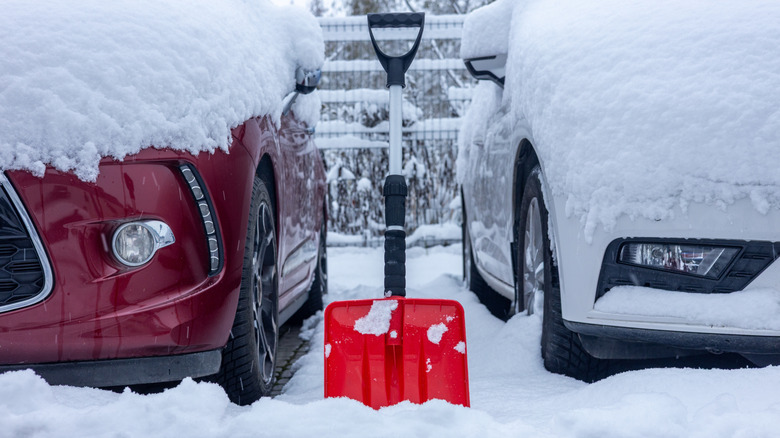 Picture showing cars covered in snow with a shovel in between