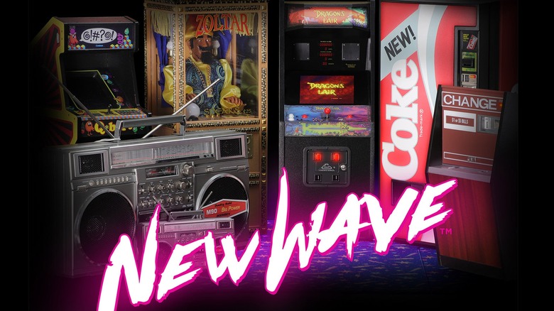 New Wave Toys logo over several of the company's products on a black background