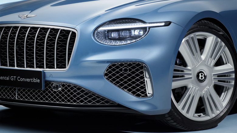 Close-up of a Bentley Continental GTC front end in blue