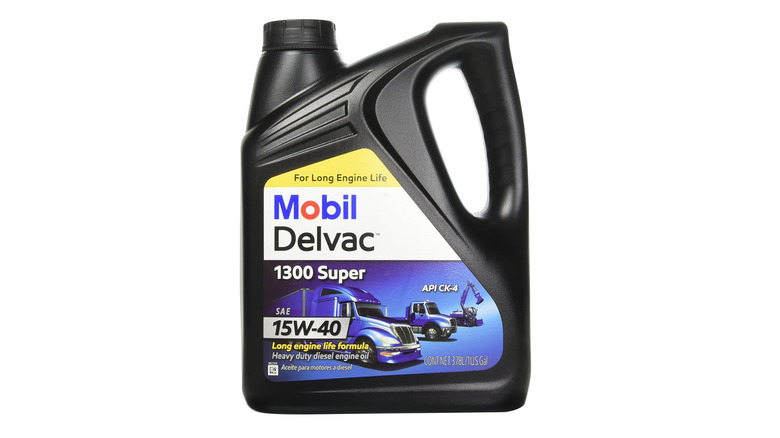 Mobil Delvac oil container on plain background