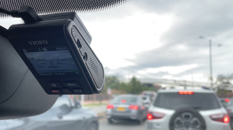 Viofo A119 V3 dashcam attached to windshield, viewed from interior