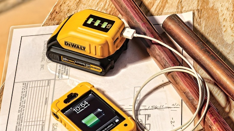 Phone being charged on DeWalt charger