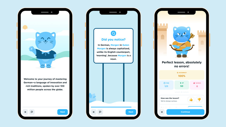 Image of three smartphone screens showing screenshots from Airlearn app