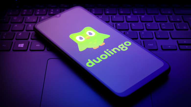 A smart phone showing the Duolingo owl and the word "Duolingo" resting on top of a computer keyboard. The image is bathed in purple light which contrasts with the green logo.