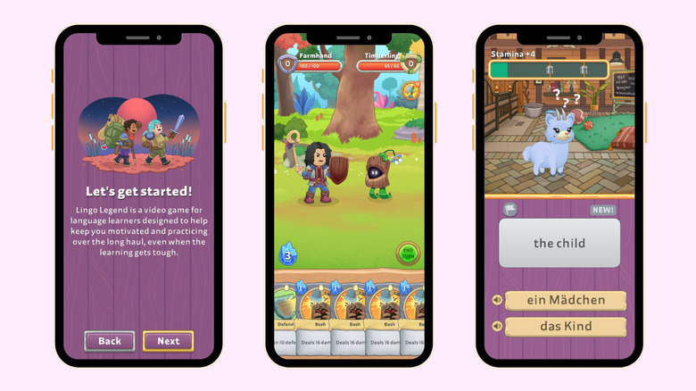 Image of three smartphone screens showing screenshots from Lingo Legend