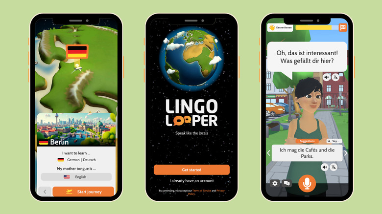 Image of three smartphone screens showing screenshots from LingoLooper app