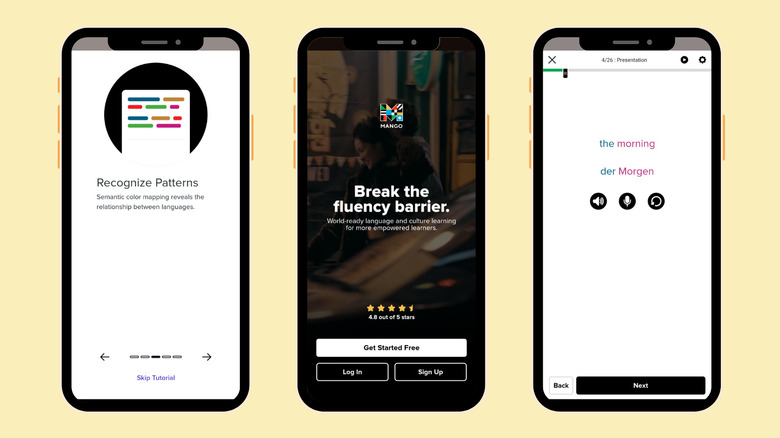 Image of three smartphone screens showing screenshots from Mango app