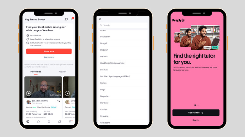 Image of three smartphone screens showing screenshots from italki and Preply apps