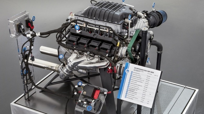 Mopar Hellephant engine on a display stand
